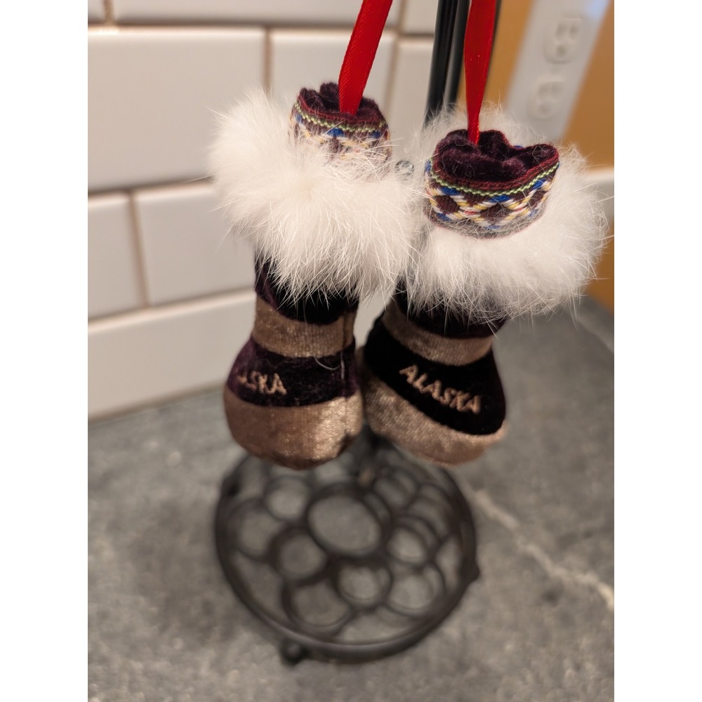 Alaska Souvenir Mini Boots Ornament Fur Trim Velvet Holiday Christmas Decor
